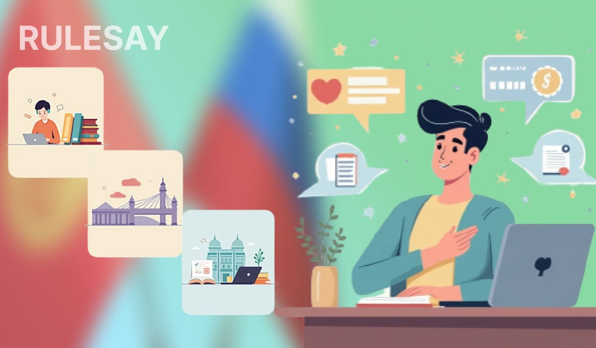 Студент за ноутбуком выбирает российский университет, рядом карточки с вузами и городами