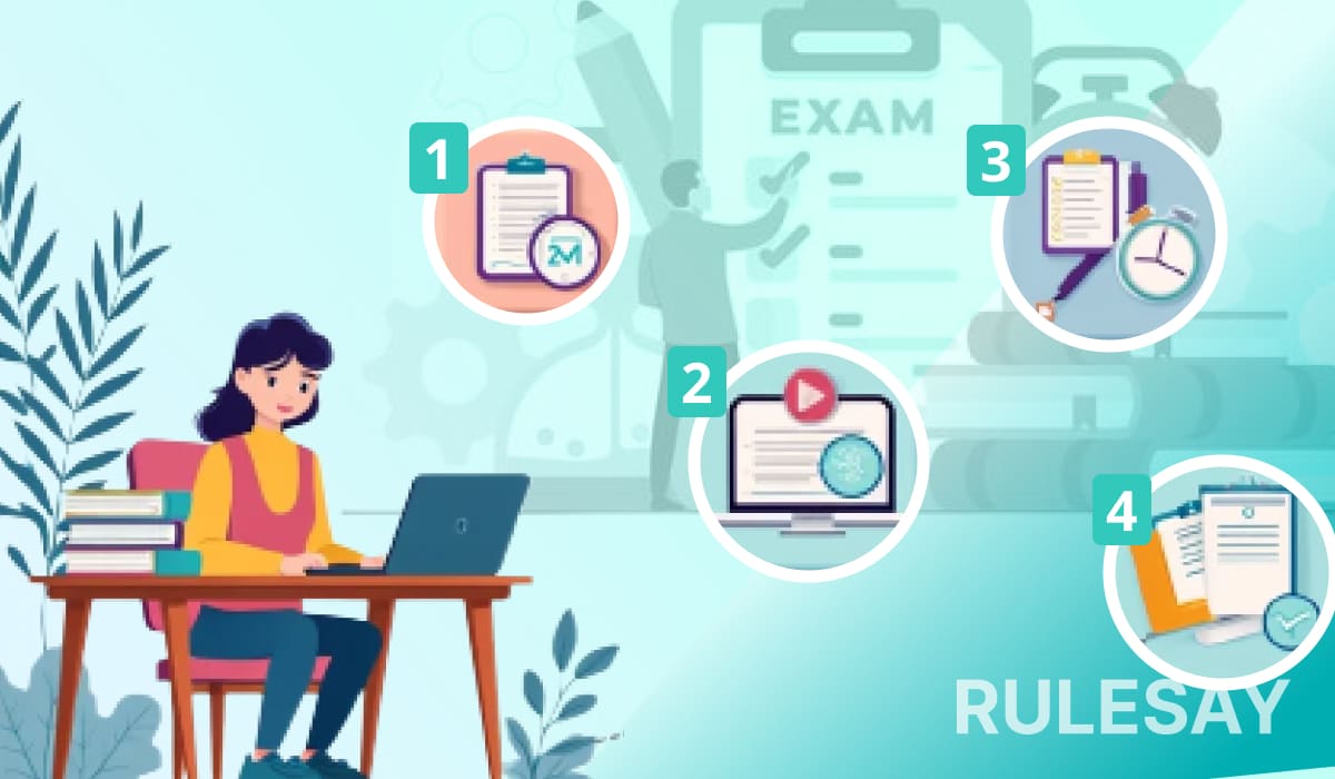 Студентка готовится к экзамену ОРТ за ноутбуком, рядом показаны этапы подготовки