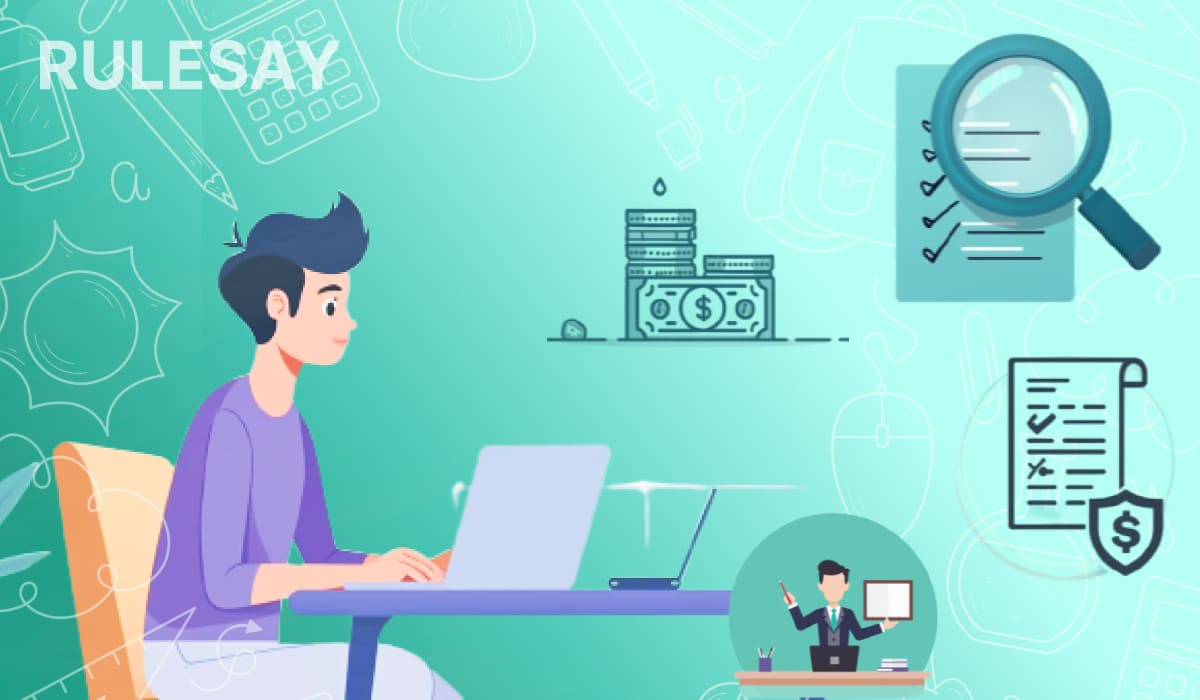 Молодой преподаватель работает за ноутбуком, рядом иконки дохода и проверки документов репетитора