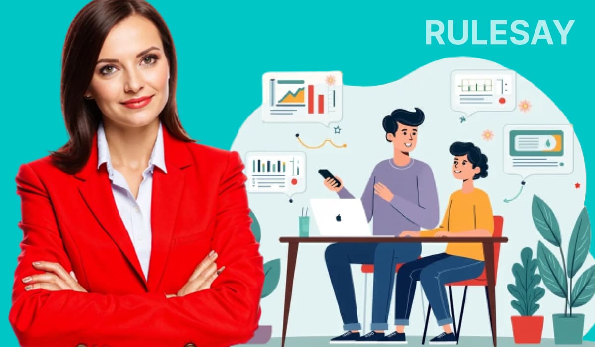 Женщина в красном пиджаке и иллюстрация ученика с репетитором для выбора преподавателя