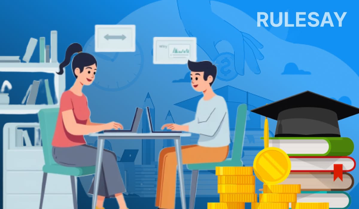 Репетитор и ученик занимаются онлайн, на переднем плане книги, диплом и монеты как символ стоимости услуг